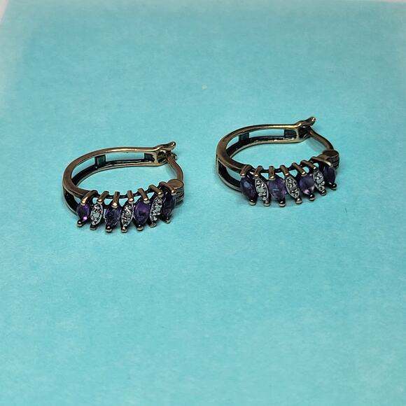 Sterling Silver 925 Marquise Cut Amethyst Diamond Chip Hoop Circle Earrings - Picture 8 of 11